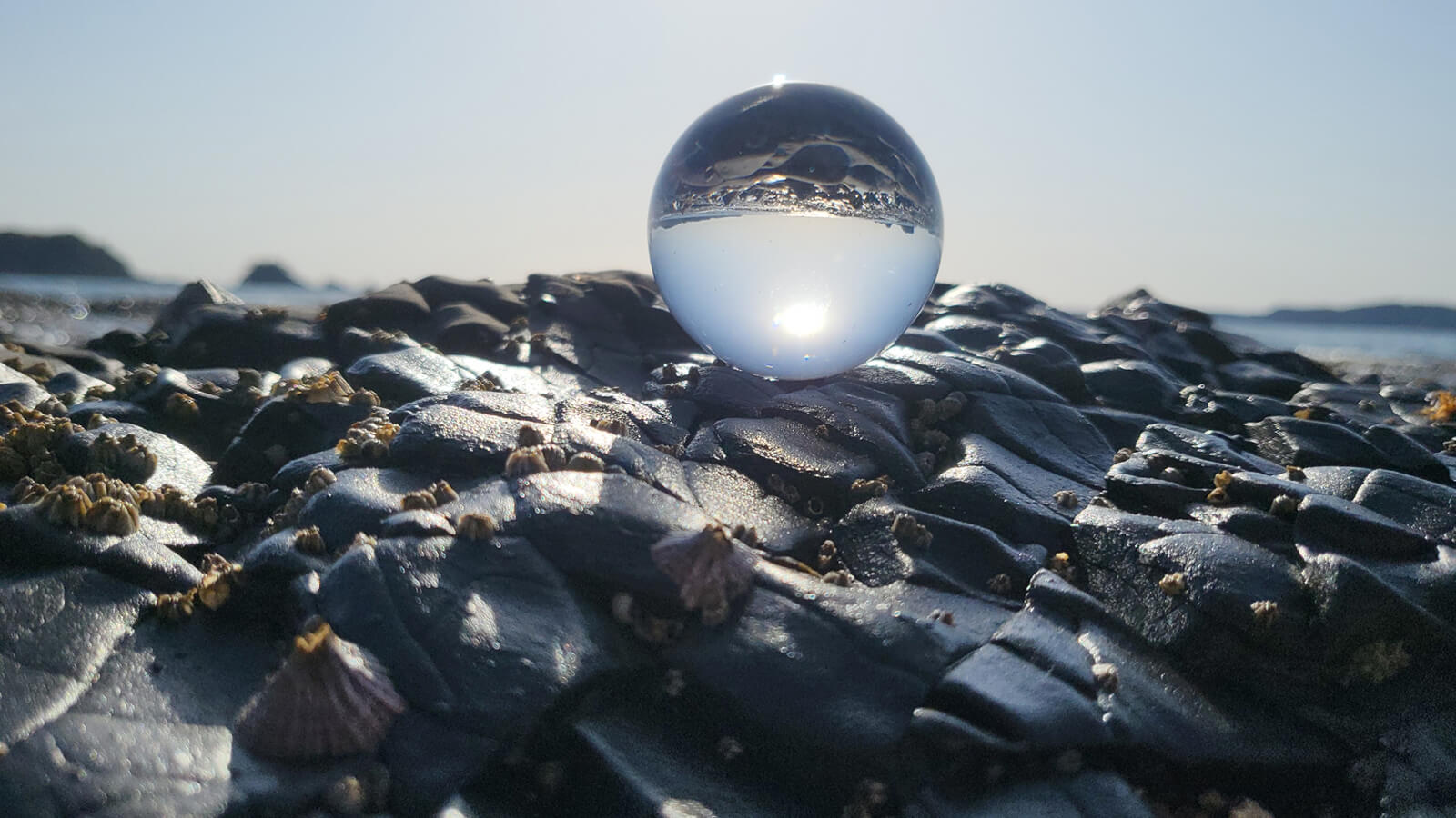 海岸の岩場に置いた水晶玉にうつる風景