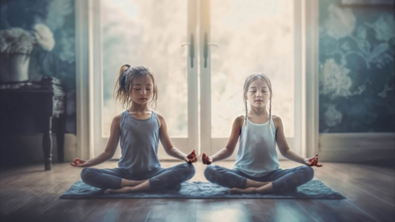 二人の女の子がヨガで瞑想している