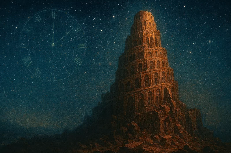 夜空にそびえる崩れかけたバベルの塔。星々が静かに輝く中、神の沈黙と人の傲慢を象徴する幻想的な情景。