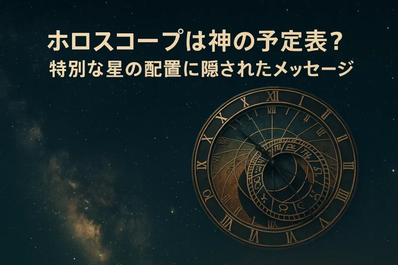 星空に浮かぶ神秘的な時計。ホロスコープを神の予定表に見立てたイメージ