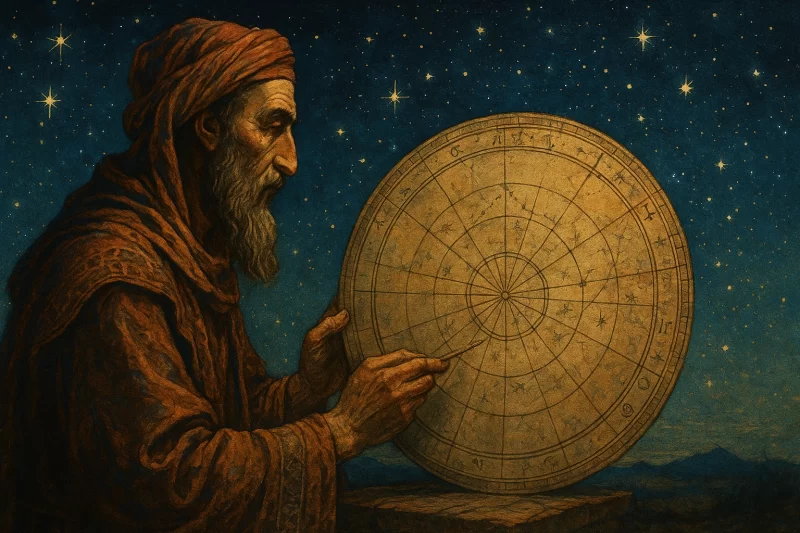 夜空の下で星を観測する古代の学者たち。日時計や天球儀が並び、神秘と理性が交わる風景。