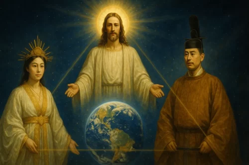 イエス・キリスト、天照大神、天皇陛下が宇宙を背景に横長構図で並ぶ象徴的イメージ