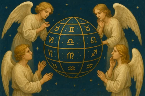 四方の天使が立体的なホロスコープを見守る幻想的な構図。星々が金色に輝く宇宙空間の中で、「全体から本質へ」というテーマを象徴する神秘的な情景。