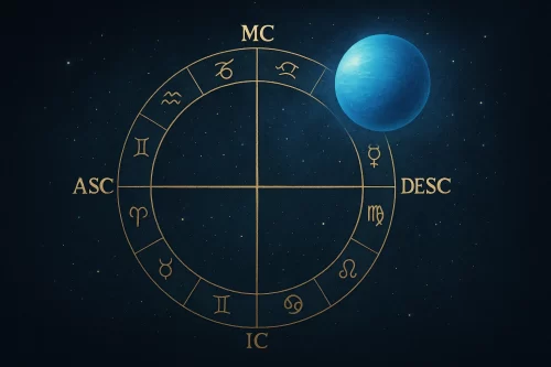 ホロスコープの十字の中心に輝く青い海王星 ― 東西南北の軸が交差する神秘的な夜空