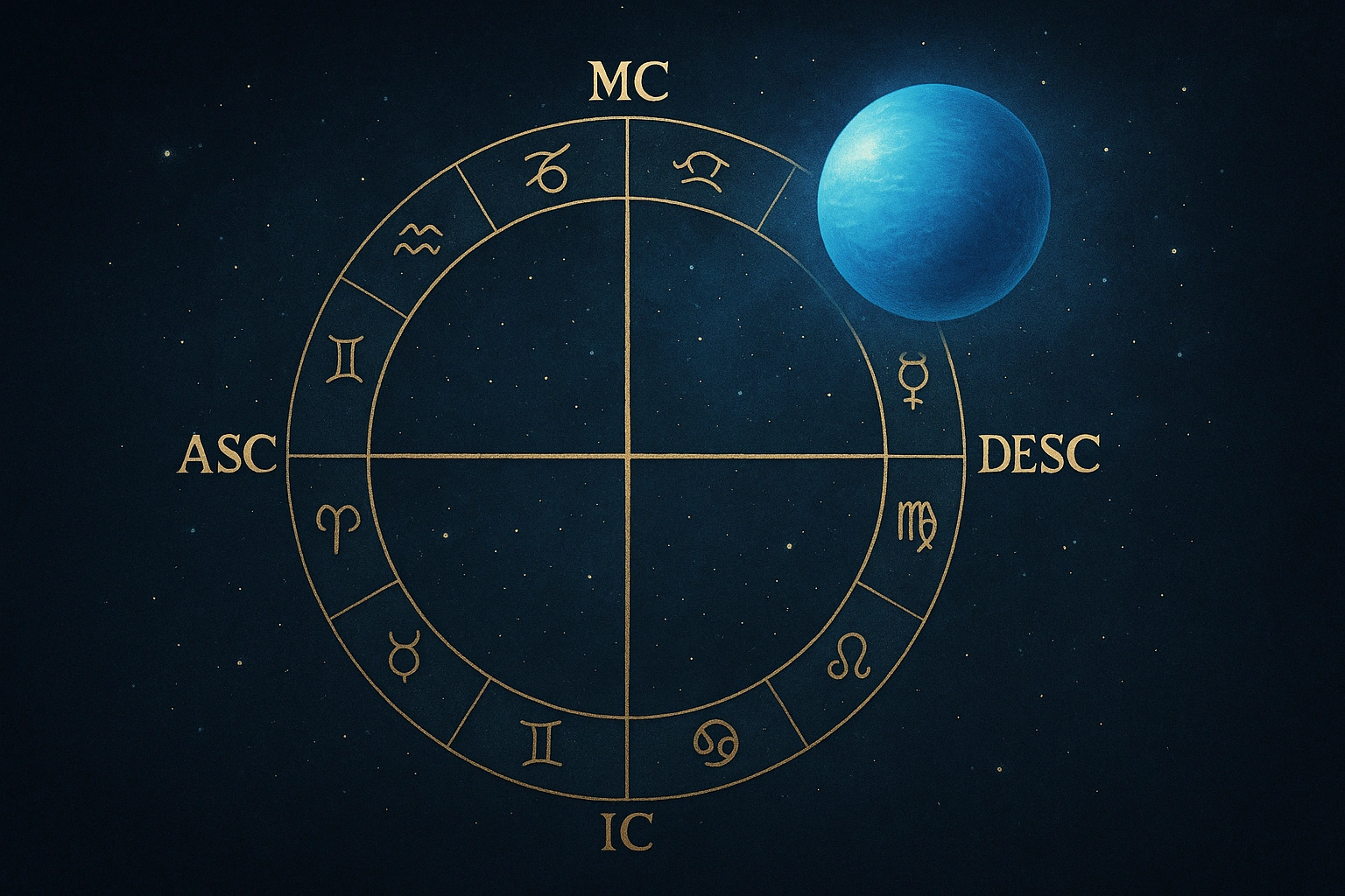 ホロスコープの十字の中心に輝く青い海王星 ― 東西南北の軸が交差する神秘的な夜空