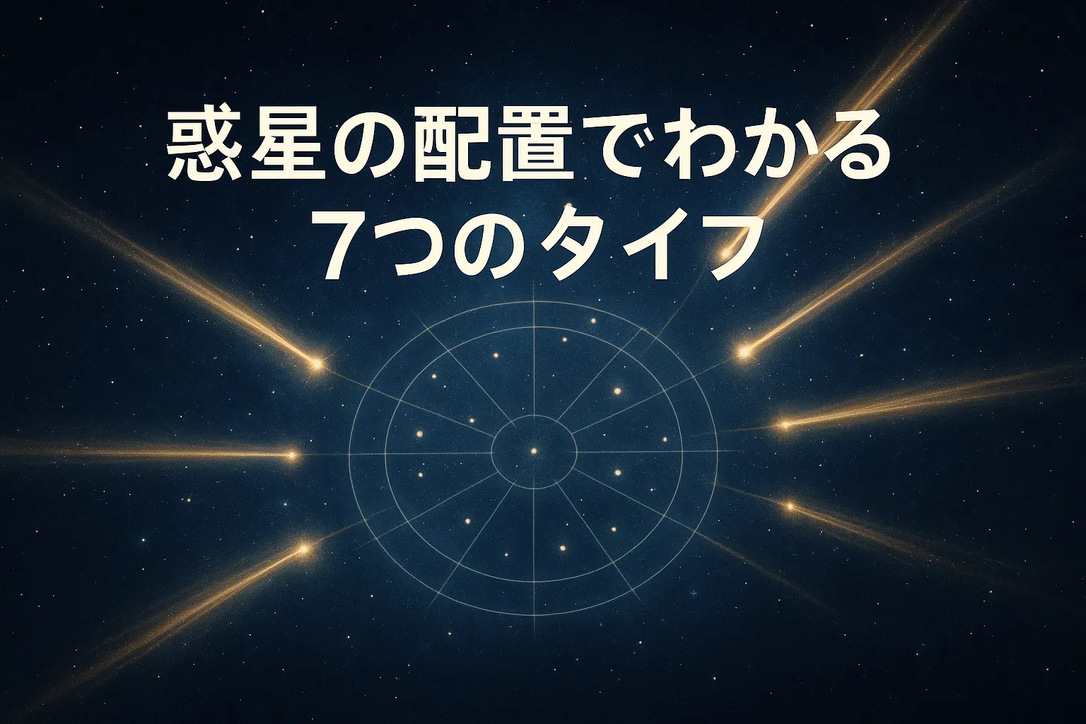 ホロスコープの円の中心から7方向に光が伸びる幻想的な宇宙の背景。惑星の配置と個性の多様性を象徴している。