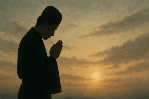 薄明の空の下で祈る人物のシルエット。沈黙の祈りと遠ざかる光を象徴する。