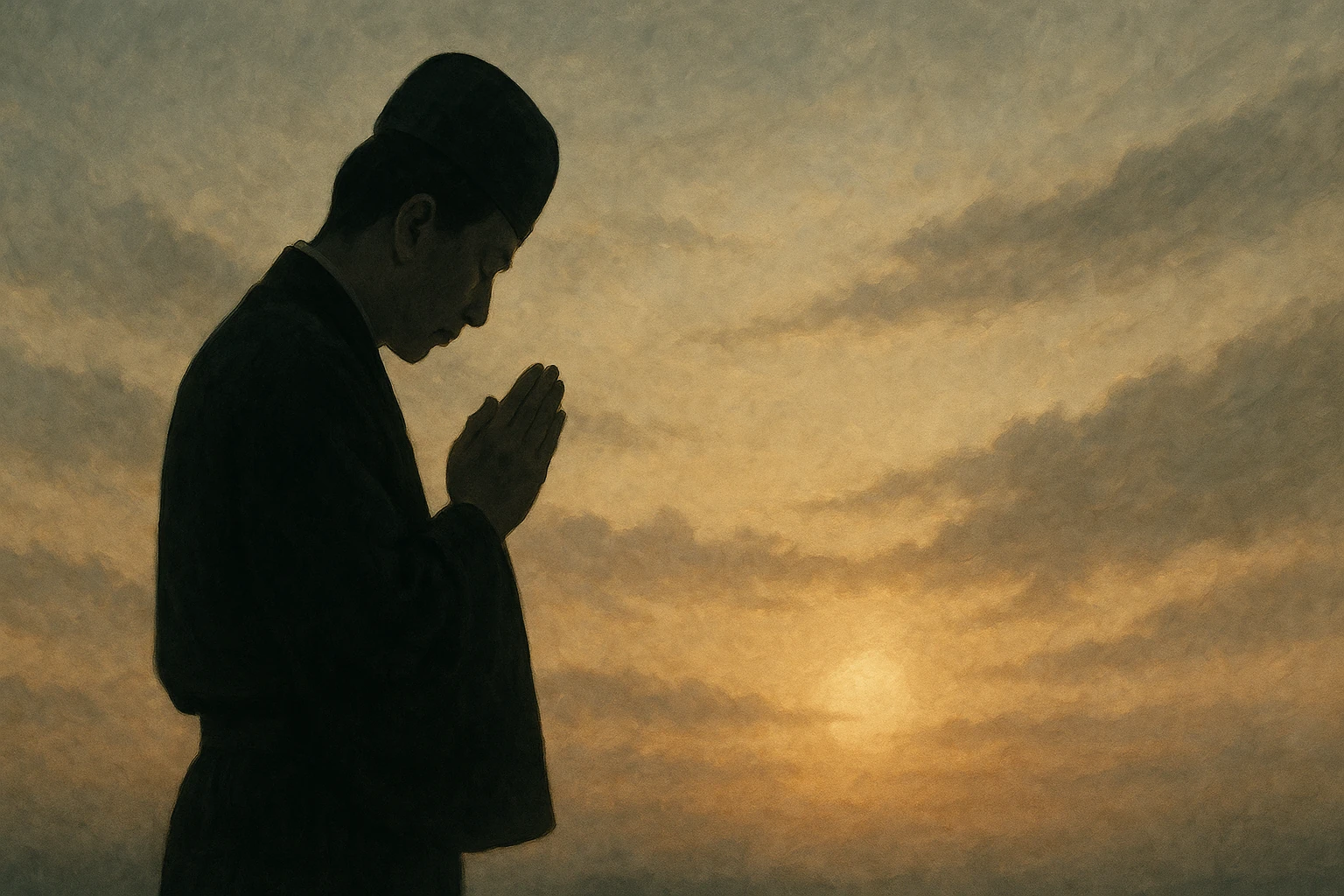 薄明の空の下で祈る人物のシルエット。沈黙の祈りと遠ざかる光を象徴する。