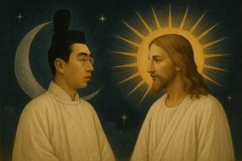 神道の装いをした天皇陛下と、白い衣をまとったイエス・キリストが向かい合い、背後に月と太陽が輝く神秘的な構図。