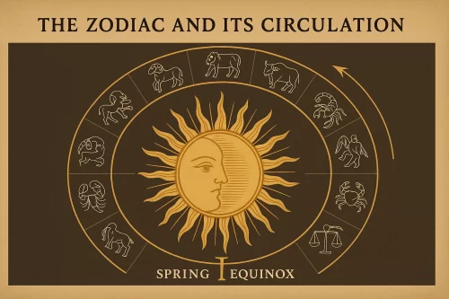 黄道十二宮の始まりを示すサイクル図。中心に太陽、周囲に牡羊座から魚座まで12星座の象徴が円形に並ぶ。春分点を起点として巡る構造を示した図。