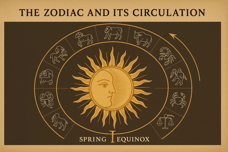 黄道十二宮の始まりを示すサイクル図。中心に太陽、周囲に牡羊座から魚座まで12星座の象徴が円形に並ぶ。春分点を起点として巡る構造を示した図。