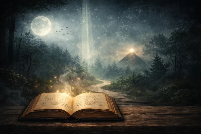 月明かりの森に開かれた書物が置かれた幻想的な風景