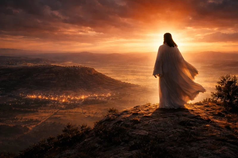 メギドの丘を見下ろす夕暮れの平原に立つイエス・キリストの幻影。ハルマゲドンを象徴する風景。