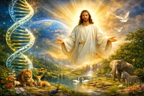 DNAの二重らせんと神々しいイエス・キリスト、動植物に満ちたエデンのような地球を描いた幻想的なイメージ