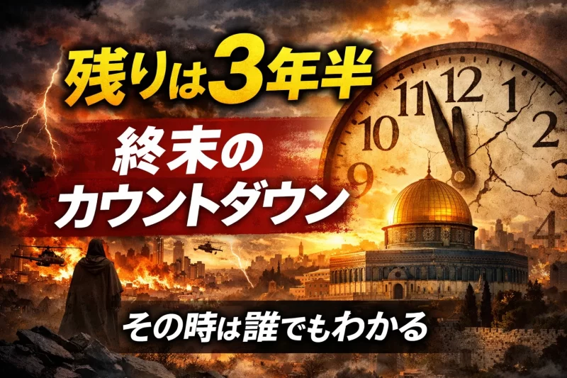 終末のカウントダウンと3年半を象徴する時計とエルサレムのイメージ
