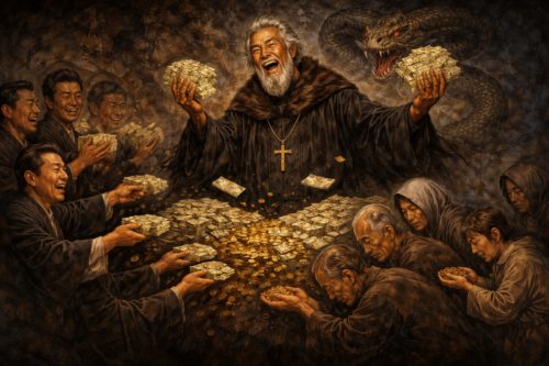 黒衣の偽預言者が金を集めて歓喜し、裕福な人々と貧しい人々がそれぞれ金を差し出す。背後にはサタンを象徴する蛇が浮かぶ象徴的な場面。