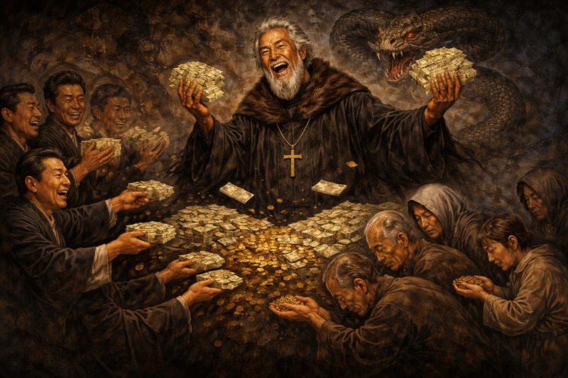 黒衣の偽預言者が金を集めて歓喜し、裕福な人々と貧しい人々がそれぞれ金を差し出す。背後にはサタンを象徴する蛇が浮かぶ象徴的な場面。