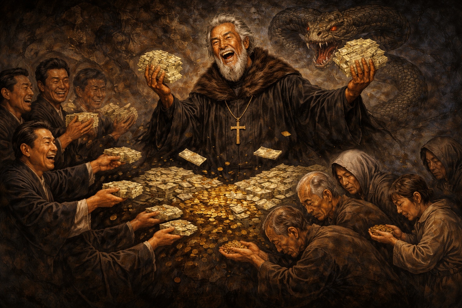 黒衣の偽預言者が金を集めて歓喜し、裕福な人々と貧しい人々がそれぞれ金を差し出す。背後にはサタンを象徴する蛇が浮かぶ象徴的な場面。