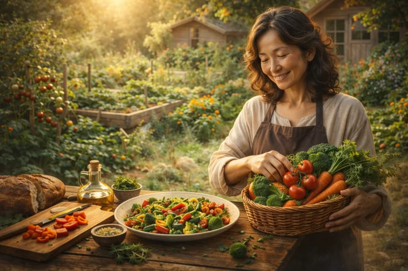 家庭菜園で採れた野菜を手に、料理をしながら静かに微笑む妙齢の女性。自然と日常に霊感を見出す姿。