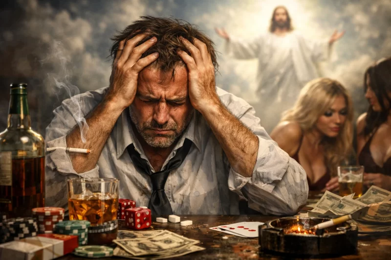 イエス・キリストの再臨を前にして頭を抱える中年男性。酒やタバコ、ギャンブルに溺れた生活の象徴とともに、背後には光に包まれたキリストの姿が見える。