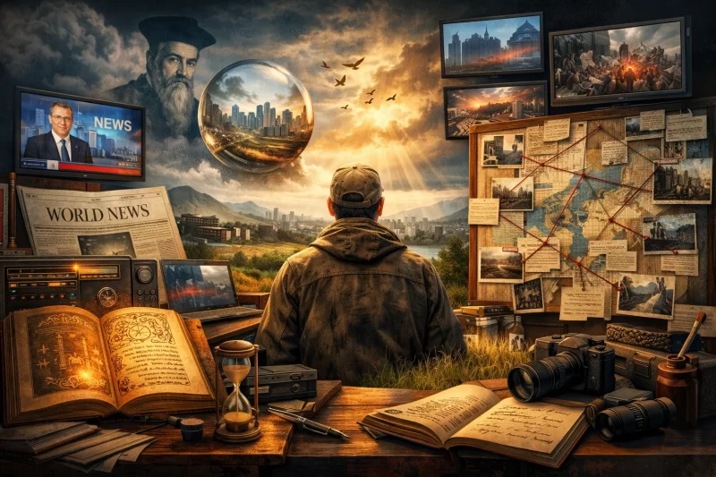 テレビ・新聞・地図・古書・カメラを背景に、現代メディアと預言を照合しながら未来を観測する人物を描いた象徴的イメージ