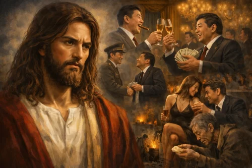 憂いを帯びたイエス・キリストと、欲望に溺れる日本の指導者たちを対比した象徴的なイメージ