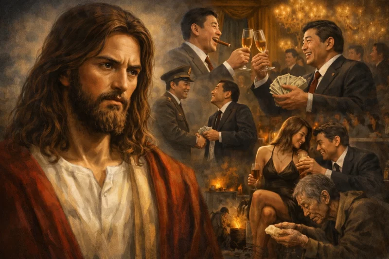憂いを帯びたイエス・キリストと、欲望に溺れる日本の指導者たちを対比した象徴的なイメージ