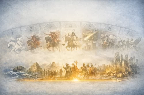 千年の歴史を六つの時代として象徴的に描き、洪水、バベル、出エジプト、キリスト到来、帝国崩壊、現代を並べたイメージ。背景には黙示録の七つの封印の象徴が薄く描かれている。