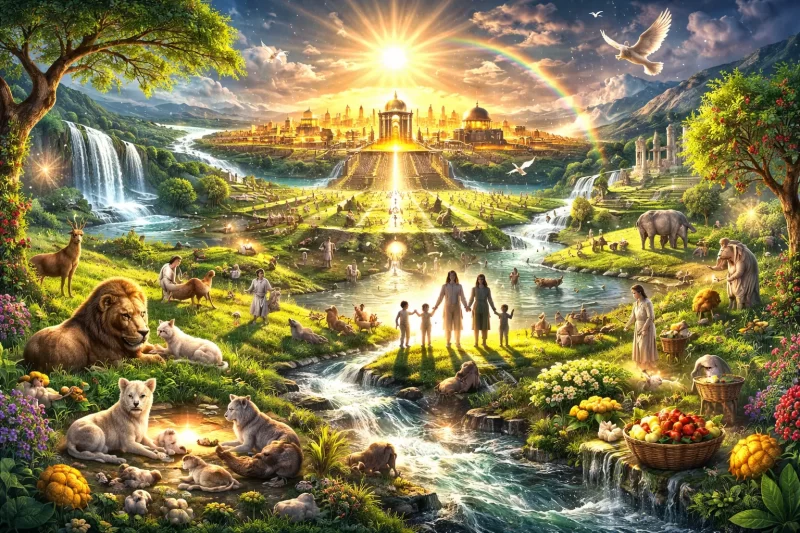 再臨後の福千年における平和な世界を描いた地球の光景と自然と人と動物の調和