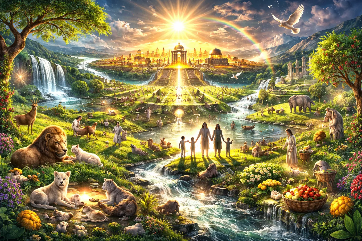 再臨後の福千年における平和な世界を描いた地球の光景と自然と人と動物の調和