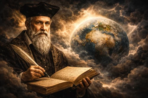 ノストラダムスが預言書を持ち、暗雲に包まれた地球を背景にした幻想的な終末預言のイメージ