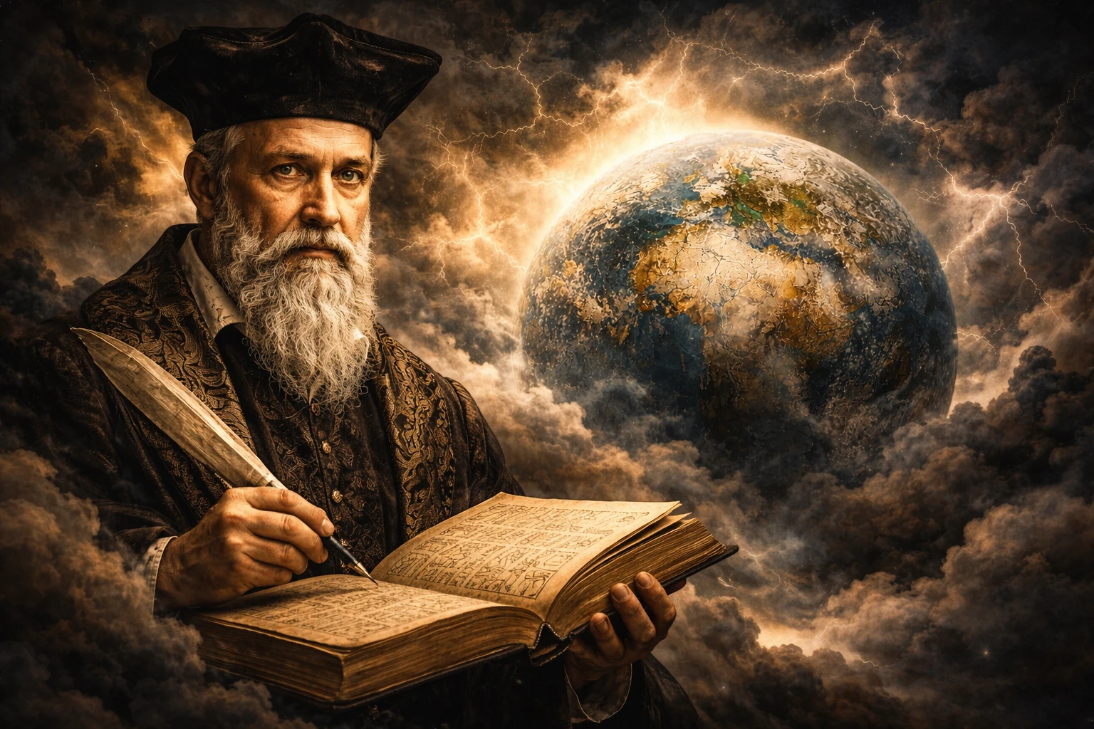 ノストラダムスが預言書を持ち、暗雲に包まれた地球を背景にした幻想的な終末預言のイメージ