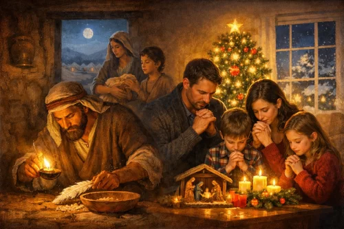 過越の前夜にパン種を探すイスラエルの民と、クリスマスを敬虔な祈りで迎える現代の家族を対比した横長のイラスト