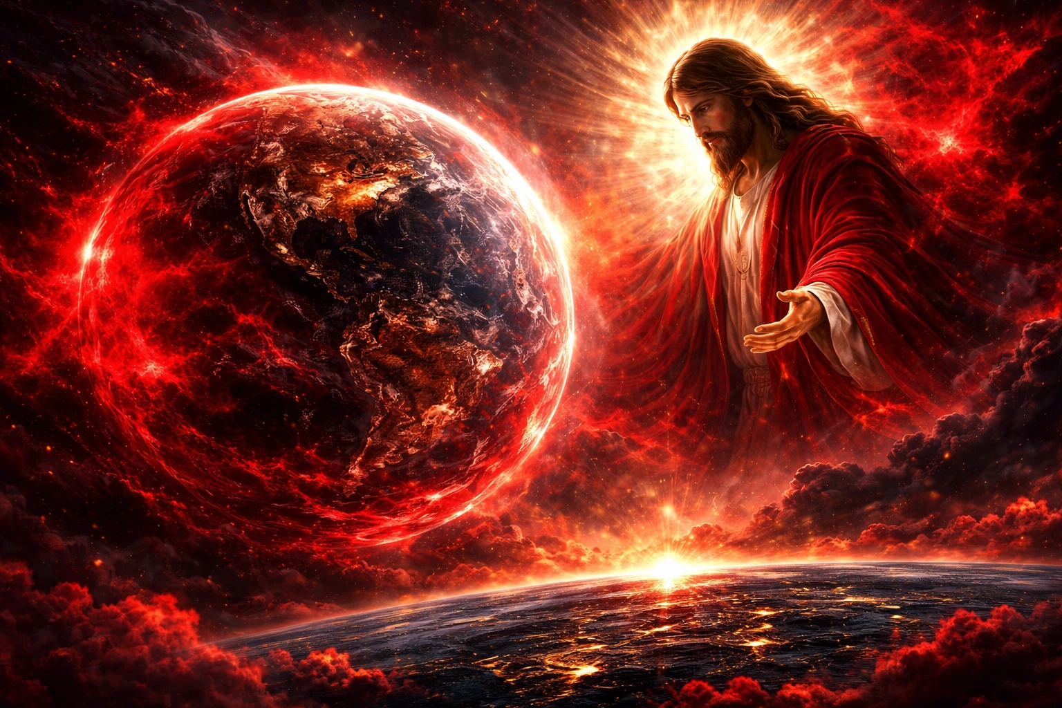 赤い霧をまとった巨大な遊星が地球に接近し、その背後に裁きのイエス・キリストが現れる象徴的な終末の情景