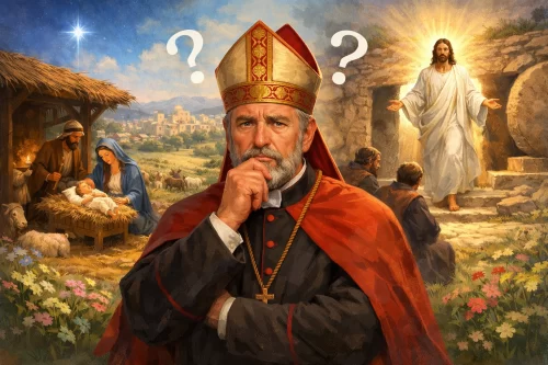 春の野に立ち、イエスの誕生と復活の場面の間で「どちらが優先か」と困惑するキリスト教指導者を描いた幻想的なイラスト。