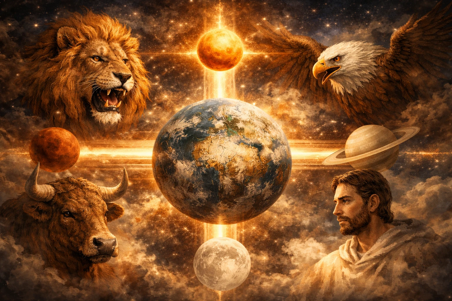 黙示録の四つの生き物（獅子・牛・人・鷲）と天空のグランドクロス、中心に地球が描かれた終末象徴のイメージ