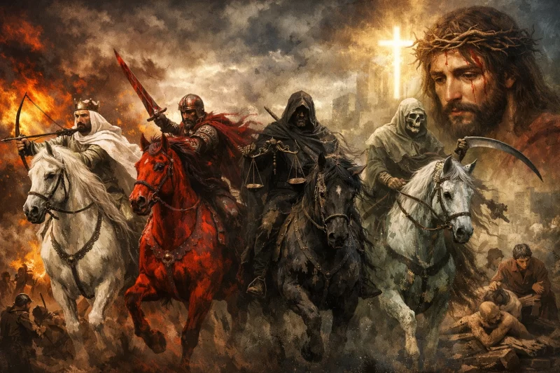 黙示録の四騎士（白い馬・赤い馬・黒い馬・青白い馬）が走る象徴的な場面。背景には戦争や飢饉の混乱と、十字架の光の中にイエス・キリストの受難が描かれている。