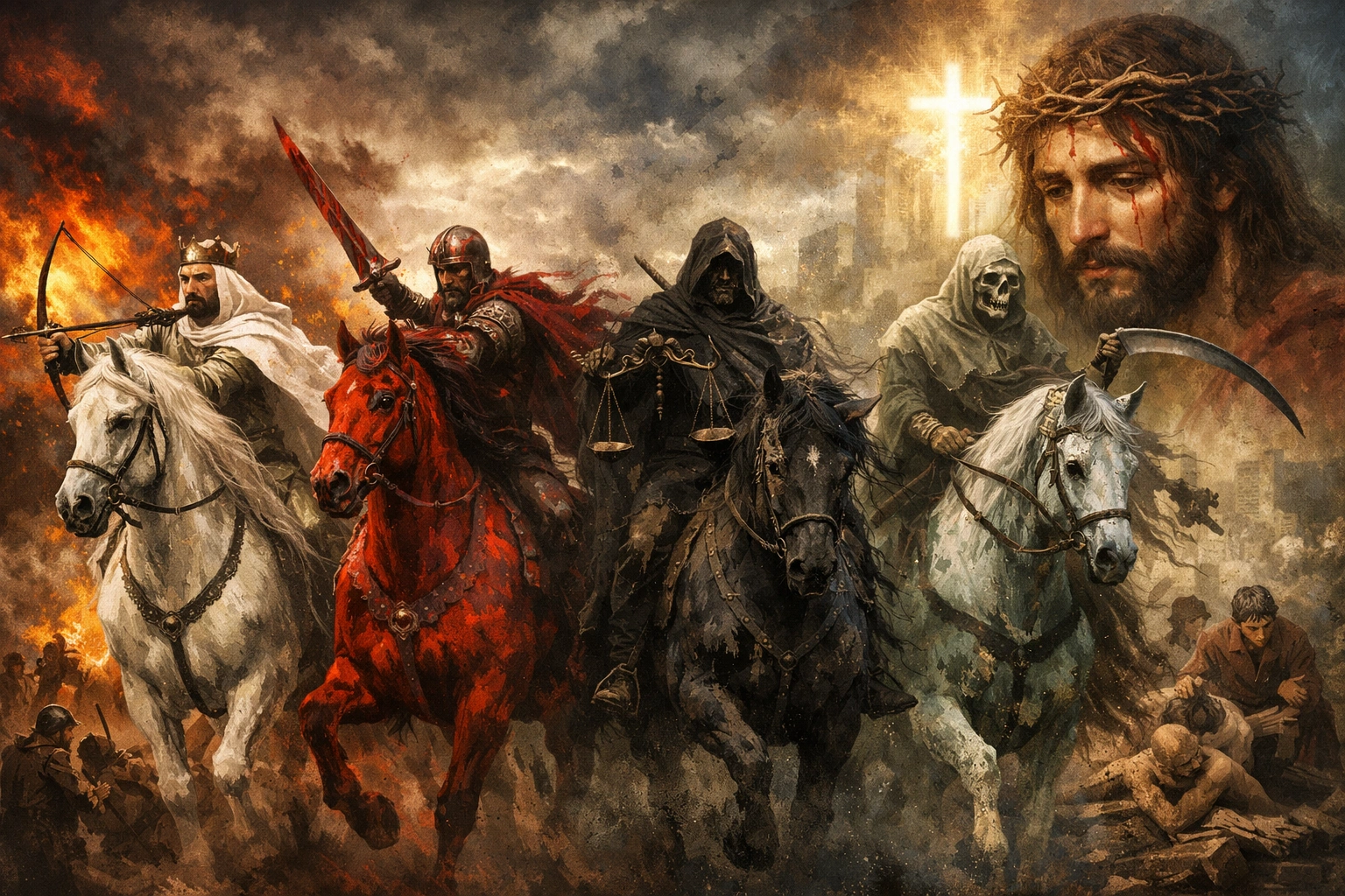 黙示録の四騎士（白い馬・赤い馬・黒い馬・青白い馬）が走る象徴的な場面。背景には戦争や飢饉の混乱と、十字架の光の中にイエス・キリストの受難が描かれている。