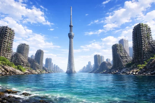 東京湾に沈んだ都市と崩壊した高層ビルの中に立つスカイツリーと青空と海鳥