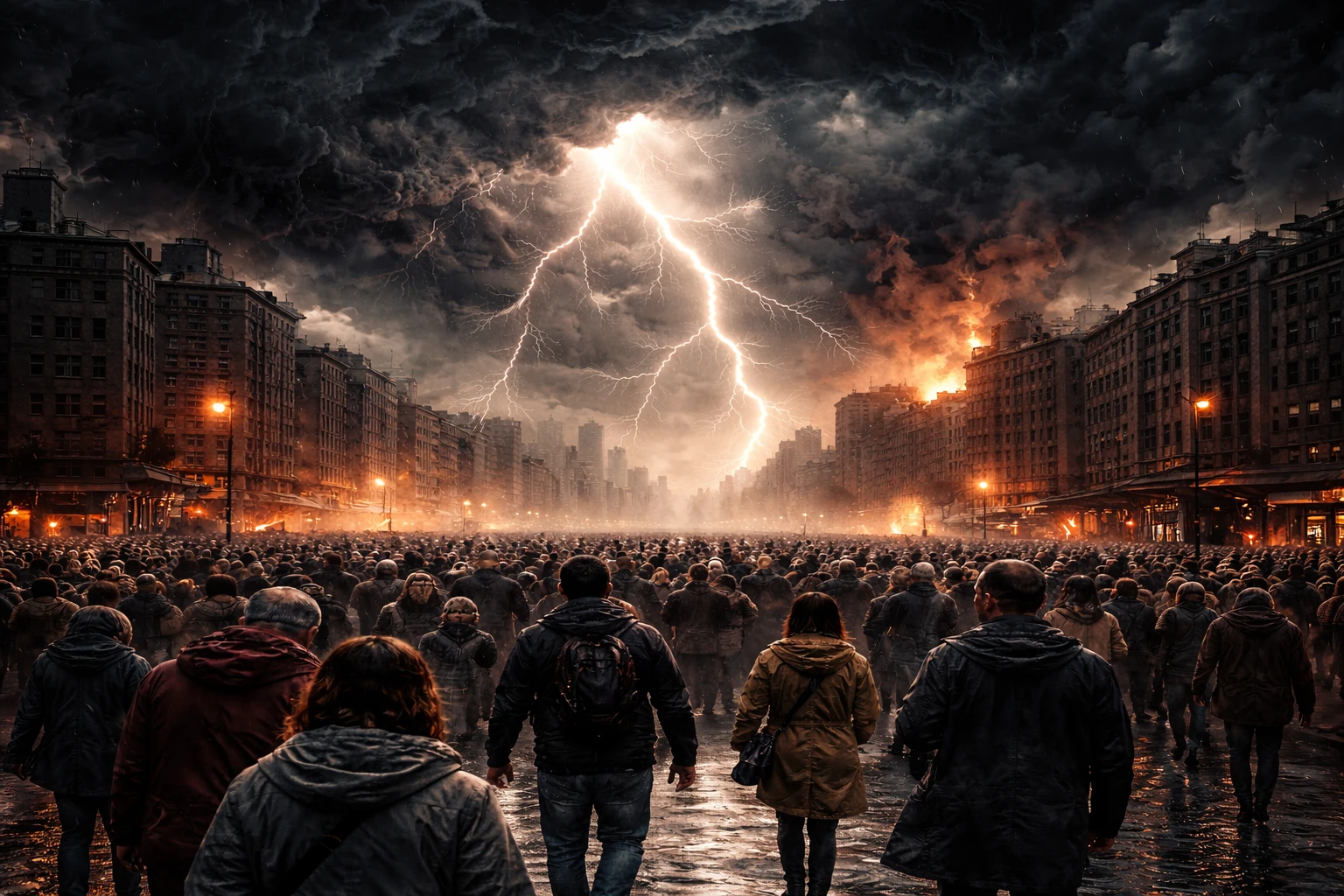 暗雲と稲光に覆われた都市の通りを、不安そうに歩く群衆。大戦争を予感させる空気を象徴的に描いたイメージ。
