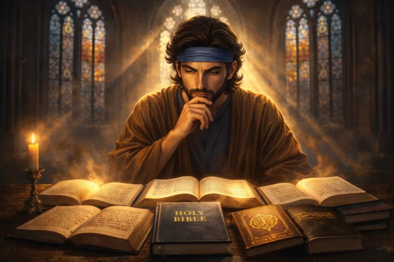 複数の聖典を広げ、真剣に意味を読み取ろうと熟慮するミツゲ。ステンドグラスの光が差し込む静かな空間で預言を読み解く姿。