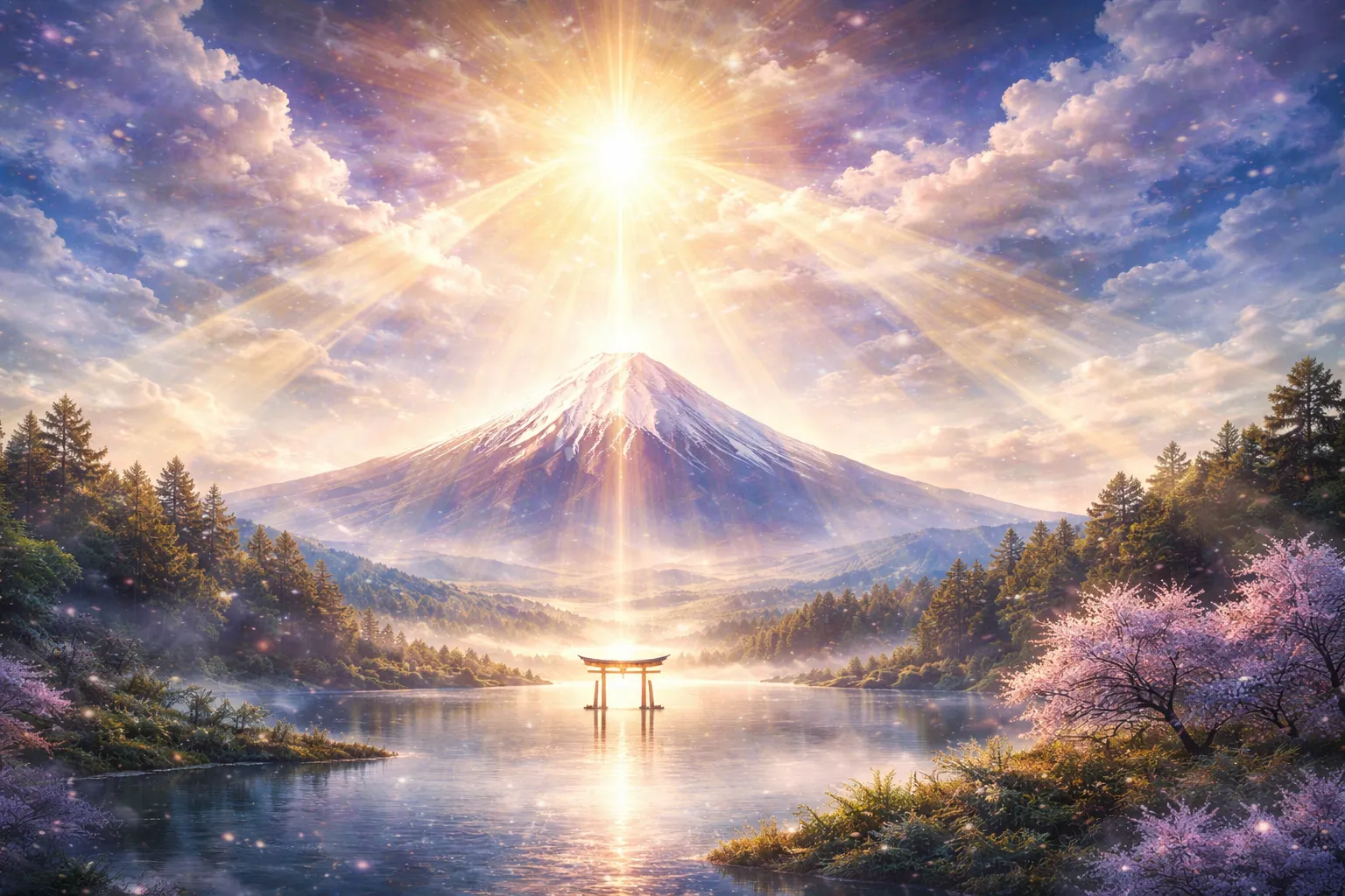 光に包まれて輝く富士山と湖、世界の目覚めと転換を象徴する幻想的な風景