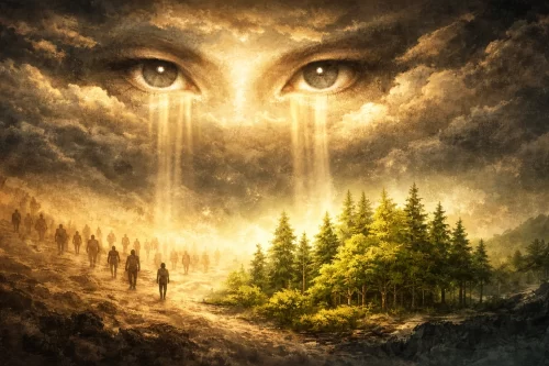 荒れた大地と光に包まれた森の対比の中で、人々が進む選別の象徴的な風景