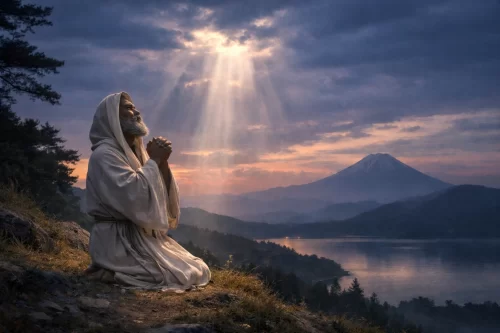 夕暮れの空を仰ぎ祈るヘブライ的な預言者と光が差し込む風景