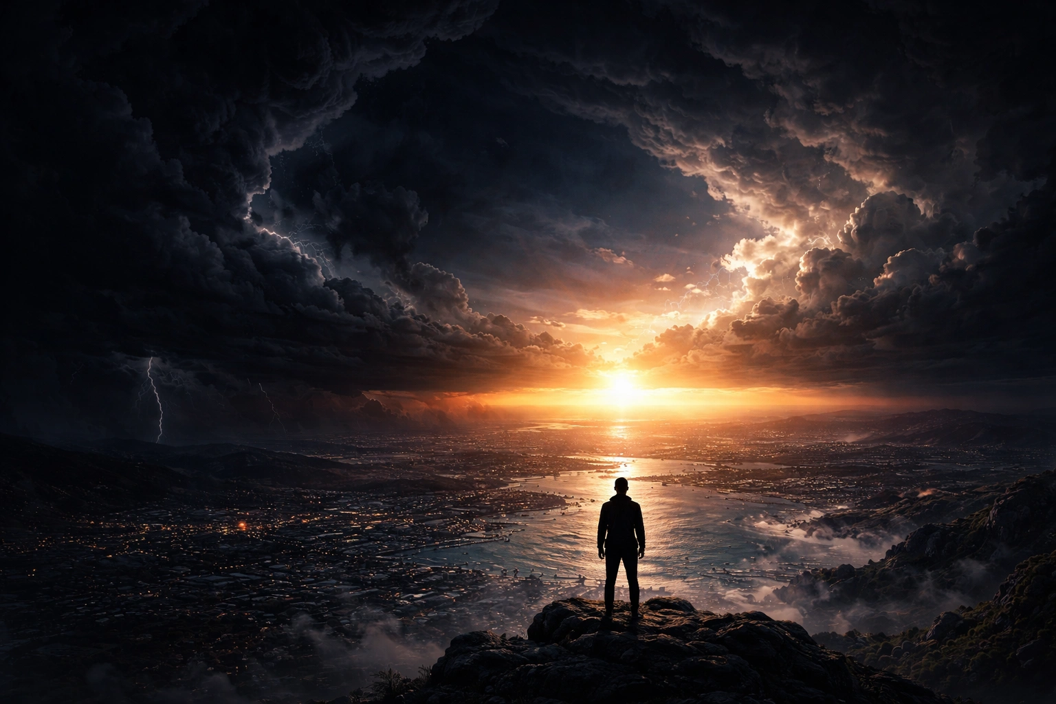 嵐に覆われた世界と夜明けの光の境界に立つ人物の象徴的風景